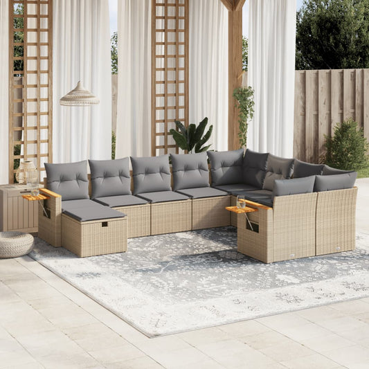 10-delige Loungeset met kussens poly rattan beige