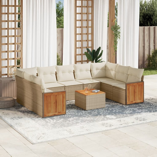 10-delige Loungeset met kussens poly rattan beige