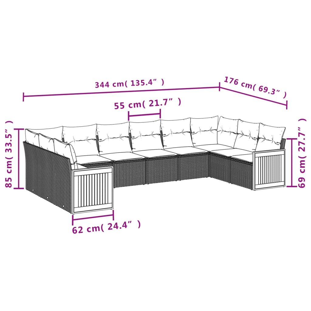 10-delige Loungeset met kussens poly rattan beige