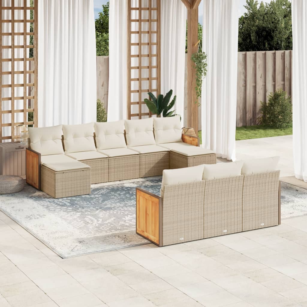 10-delige Loungeset met kussens poly rattan beige