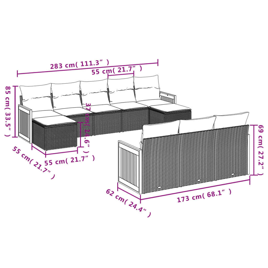 10-delige Loungeset met kussens poly rattan beige