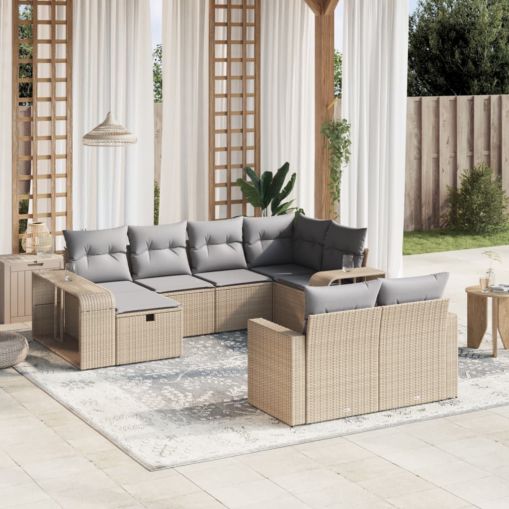 10-delige Loungeset met kussens poly rattan beige