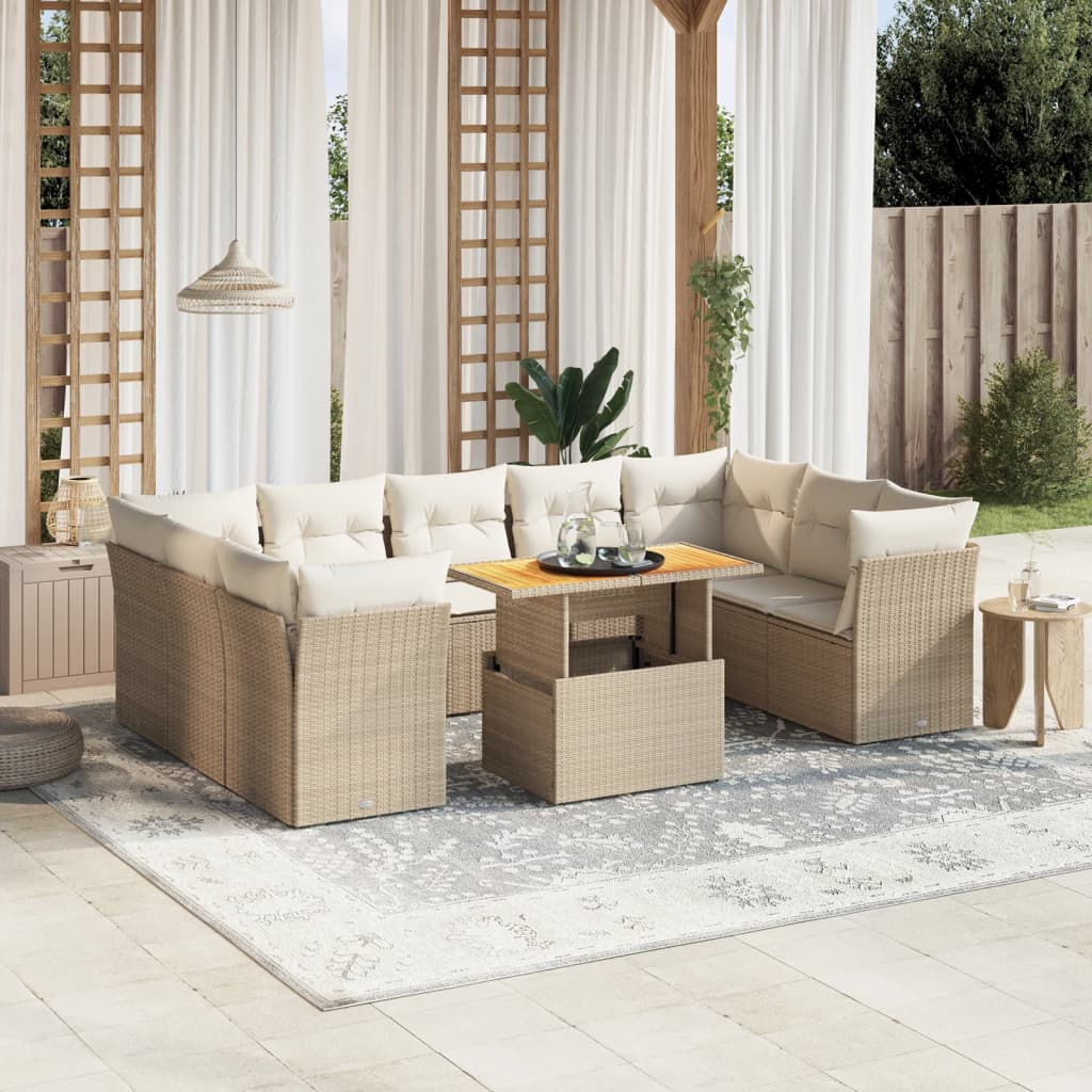 10-delige Loungeset met kussens poly rattan beige