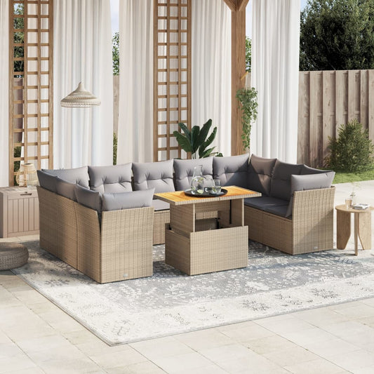 10-delige Loungeset met kussens poly rattan beige