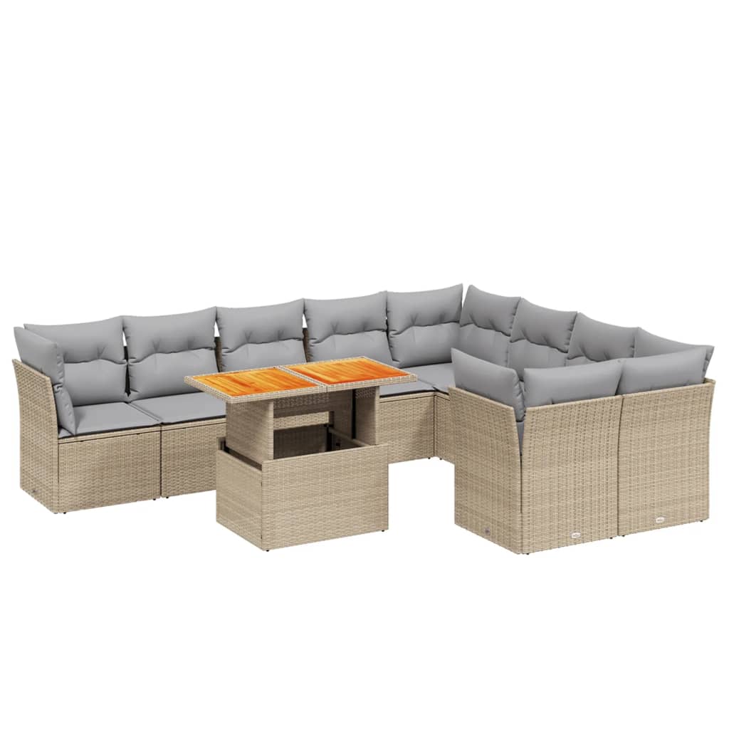 10-delige Loungeset met kussens poly rattan beige