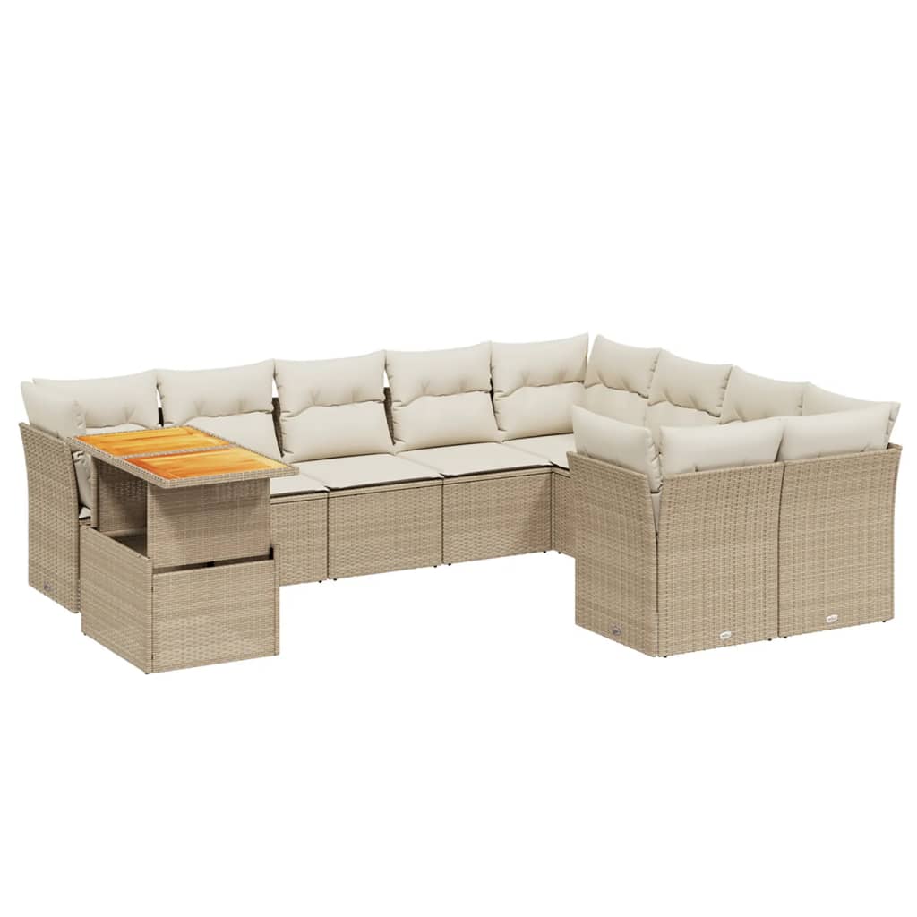 10-delige Loungeset met kussens poly rattan beige