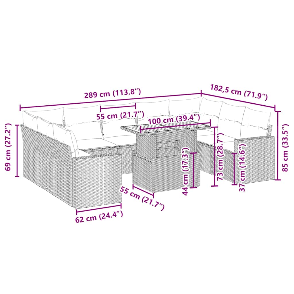 10-delige Loungeset met kussens poly rattan beige