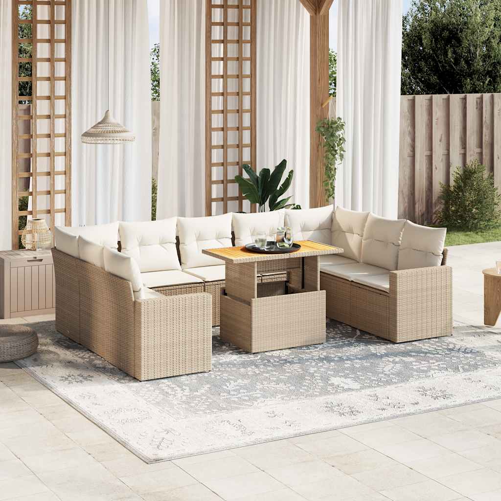 10-delige Loungeset met kussens poly rattan beige