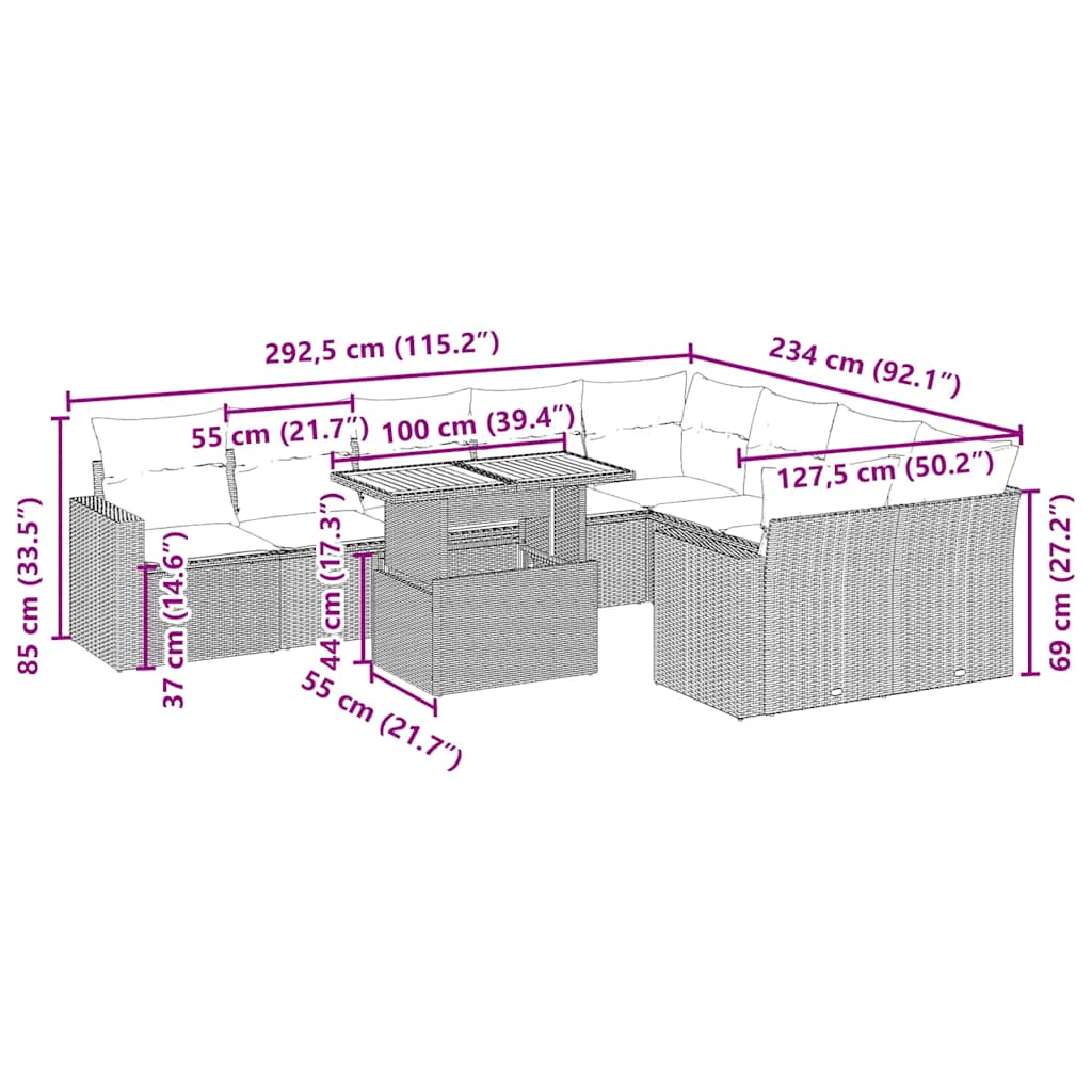 10-delige Loungeset met kussens poly rattan beige