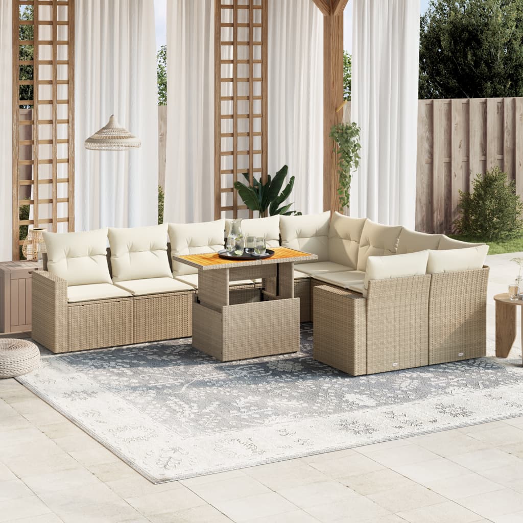 10-delige Loungeset met kussens poly rattan beige