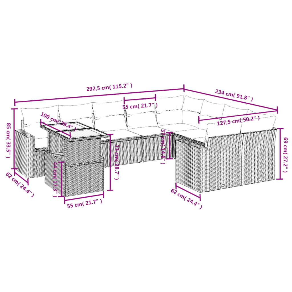 10-delige Loungeset met kussens poly rattan beige