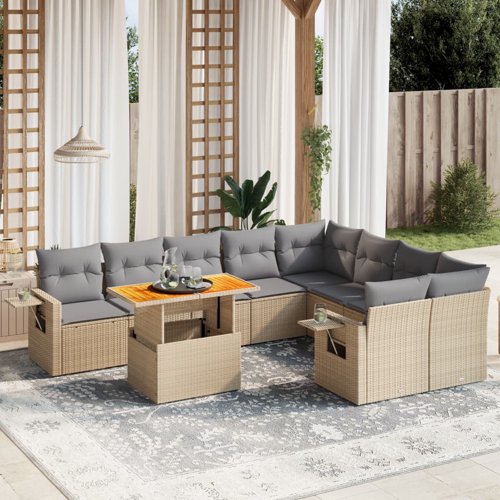 10-delige Loungeset met kussens poly rattan beige