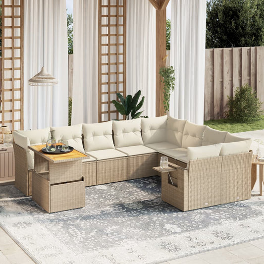 10-delige Loungeset met kussens poly rattan beige