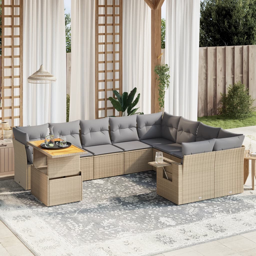 10-delige Loungeset met kussens poly rattan beige