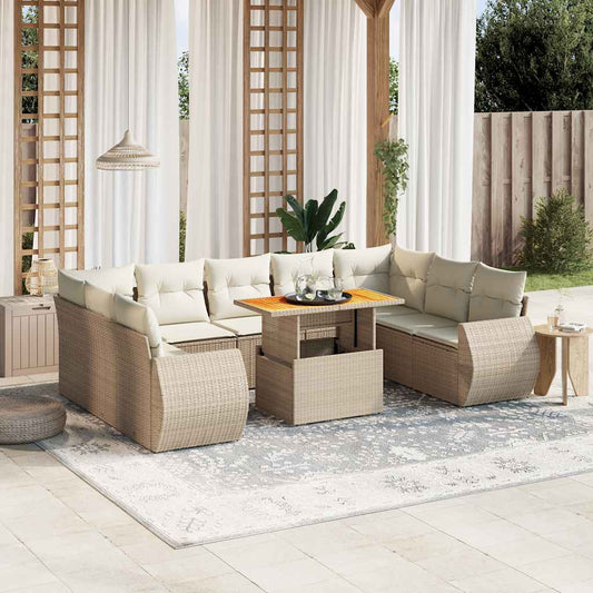 10-delige Loungeset met kussens poly rattan beige