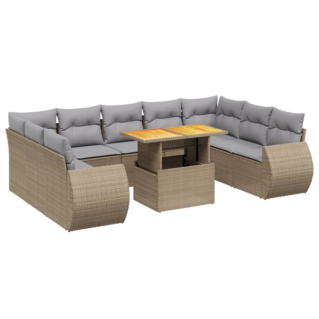 10-delige Loungeset met kussens poly rattan beige