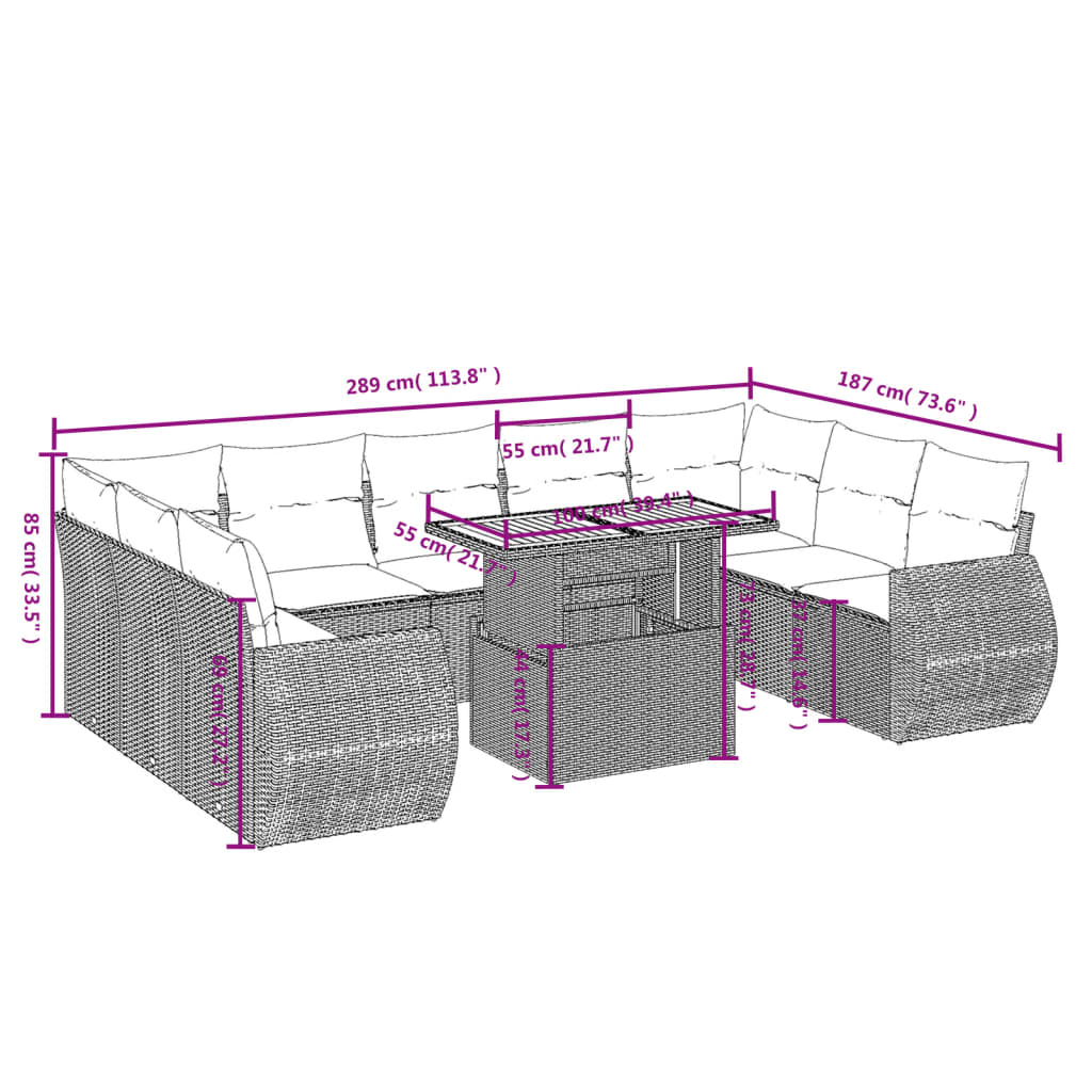 10-delige Loungeset met kussens poly rattan beige