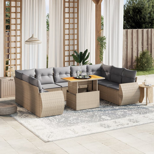 10-delige Loungeset met kussens poly rattan beige