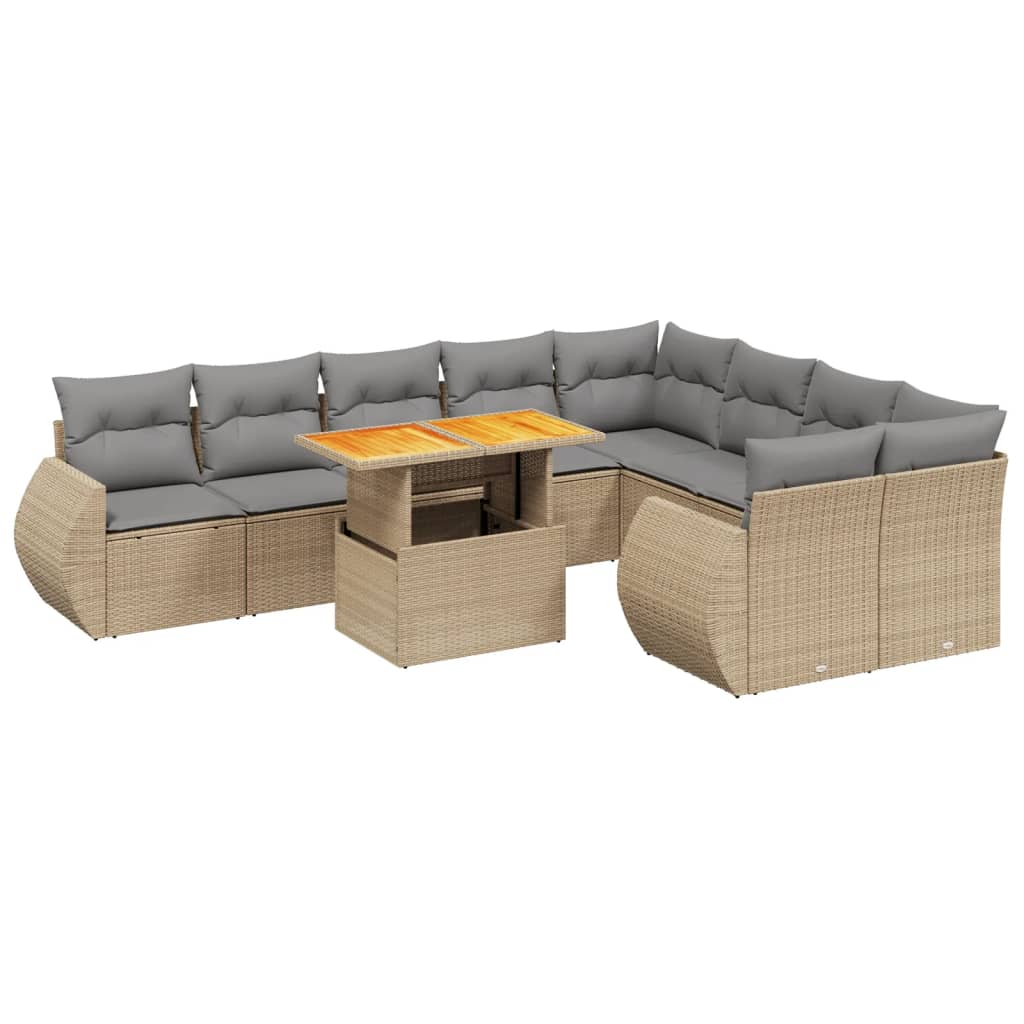 10-delige Loungeset met kussens poly rattan beige