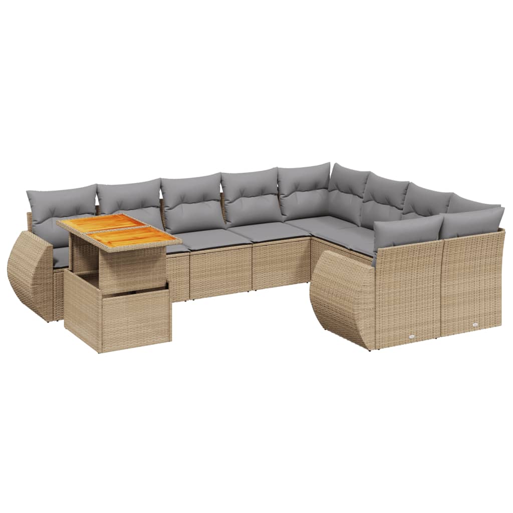 10-delige Loungeset met kussens poly rattan beige