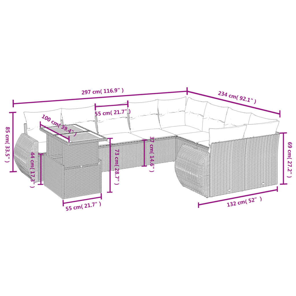 10-delige Loungeset met kussens poly rattan beige