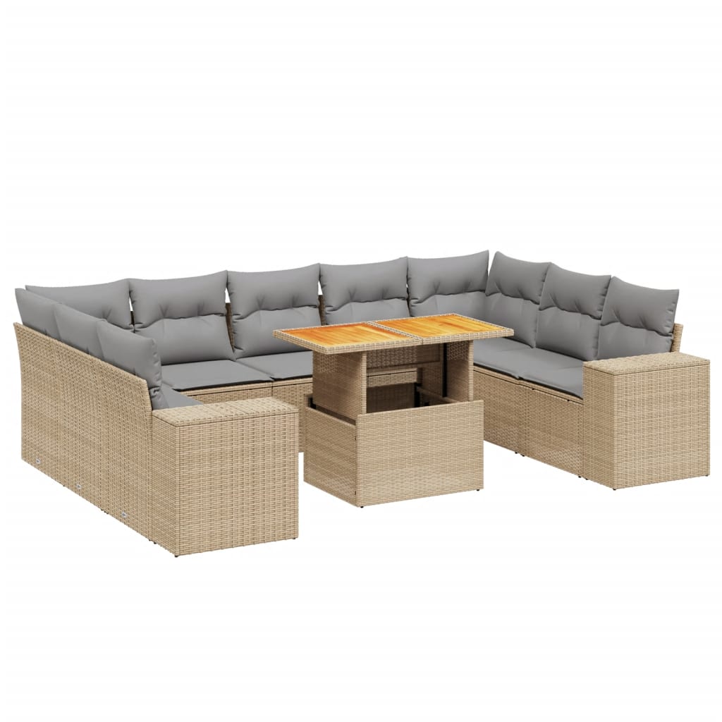 10-delige Loungeset met kussens poly rattan beige