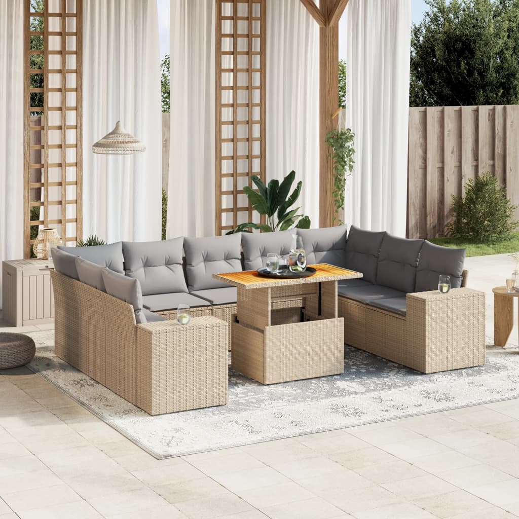 10-delige Loungeset met kussens poly rattan beige