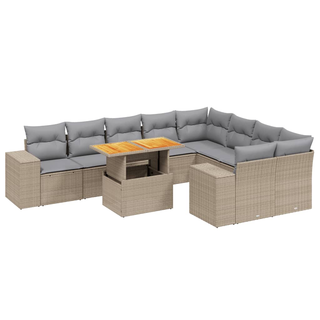 10-delige Loungeset met kussens poly rattan beige