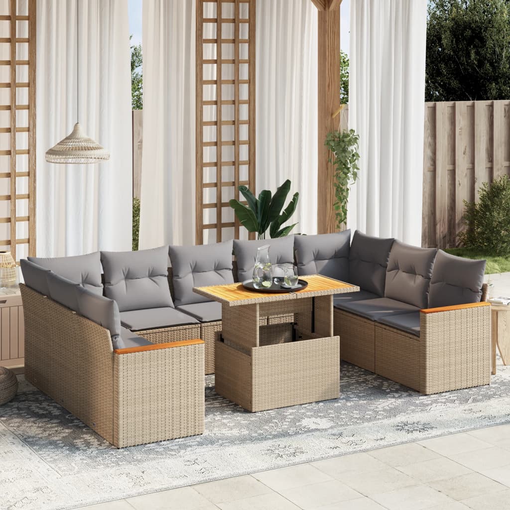 10-delige Loungeset met kussens poly rattan beige