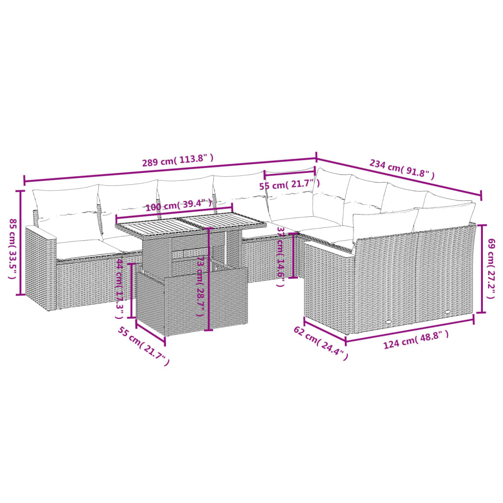 10-delige Loungeset met kussens poly rattan beige