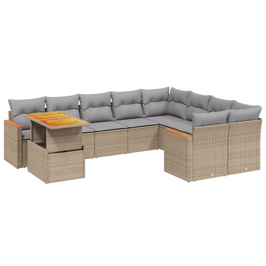 10-delige Loungeset met kussens poly rattan beige