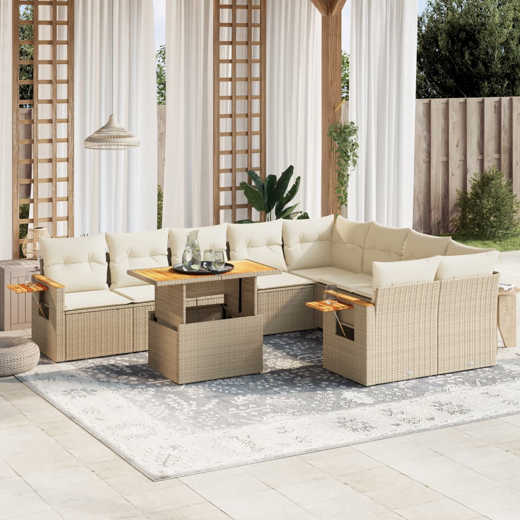 10-delige Loungeset met kussens poly rattan beige