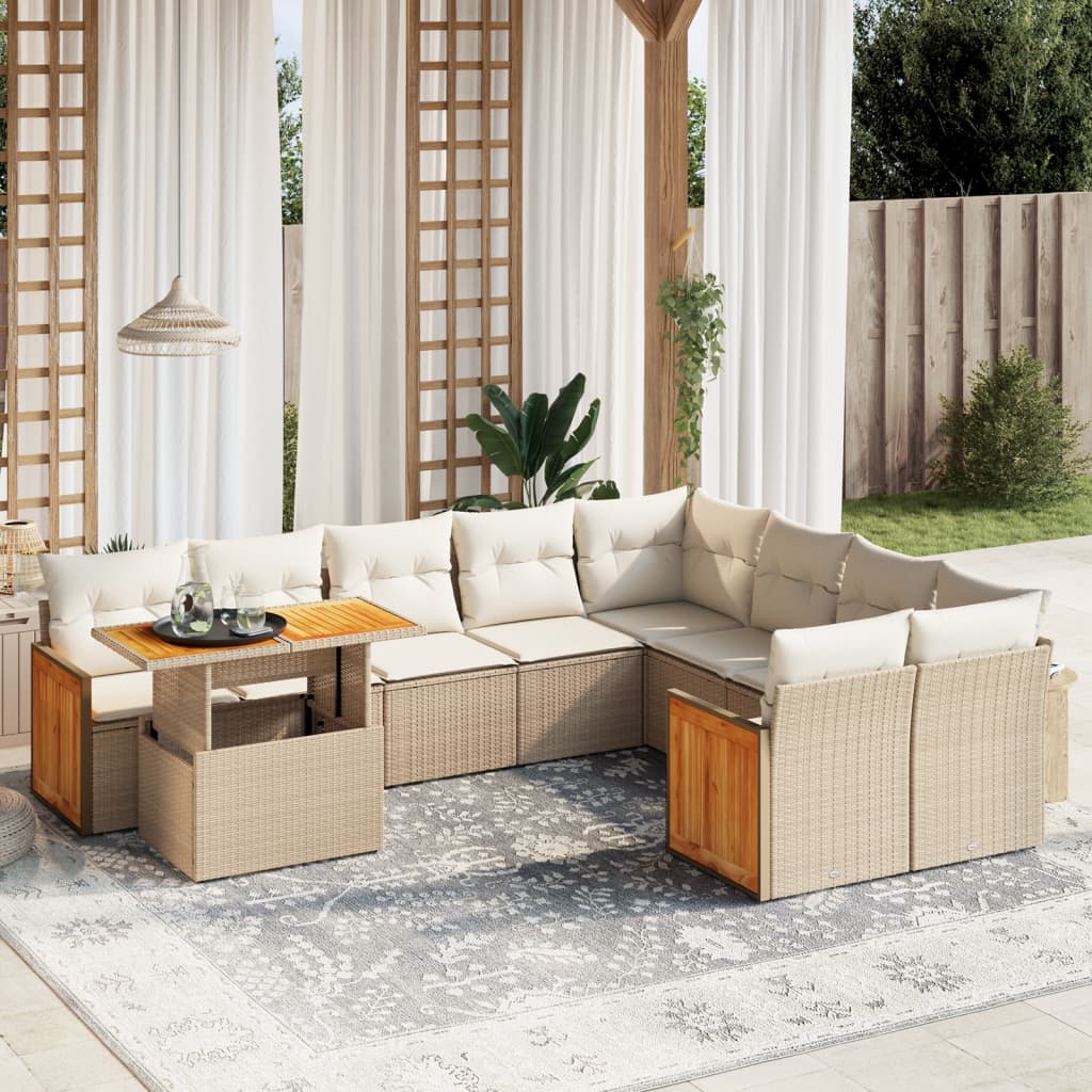 10-delige Loungeset met kussens poly rattan beige