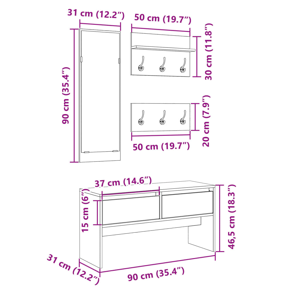 4-delige Garderobe set bewerkt hout zwart