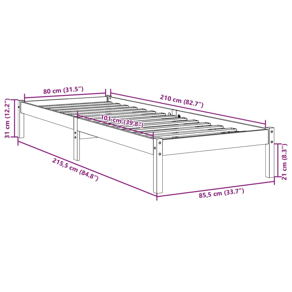 Bedframe extra lang zonder matras massief grenenhout 80x210 cm