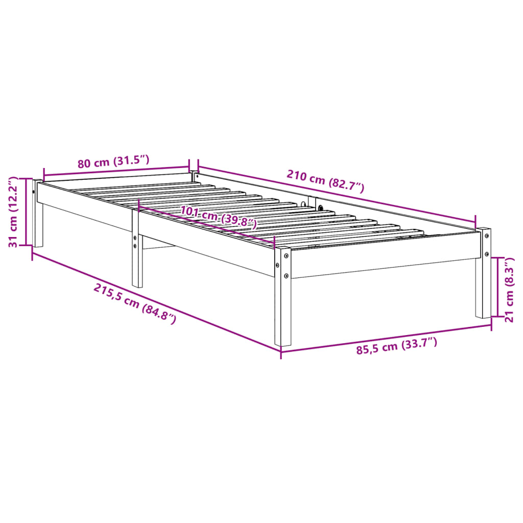 Bedframe extra lang zonder matras grenenhout wit 80x210 cm