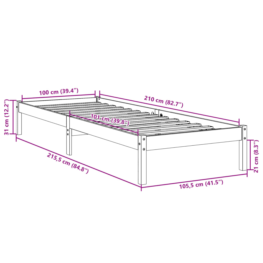 Bedframe extra lang zonder matras massief grenenhout 100x210 cm