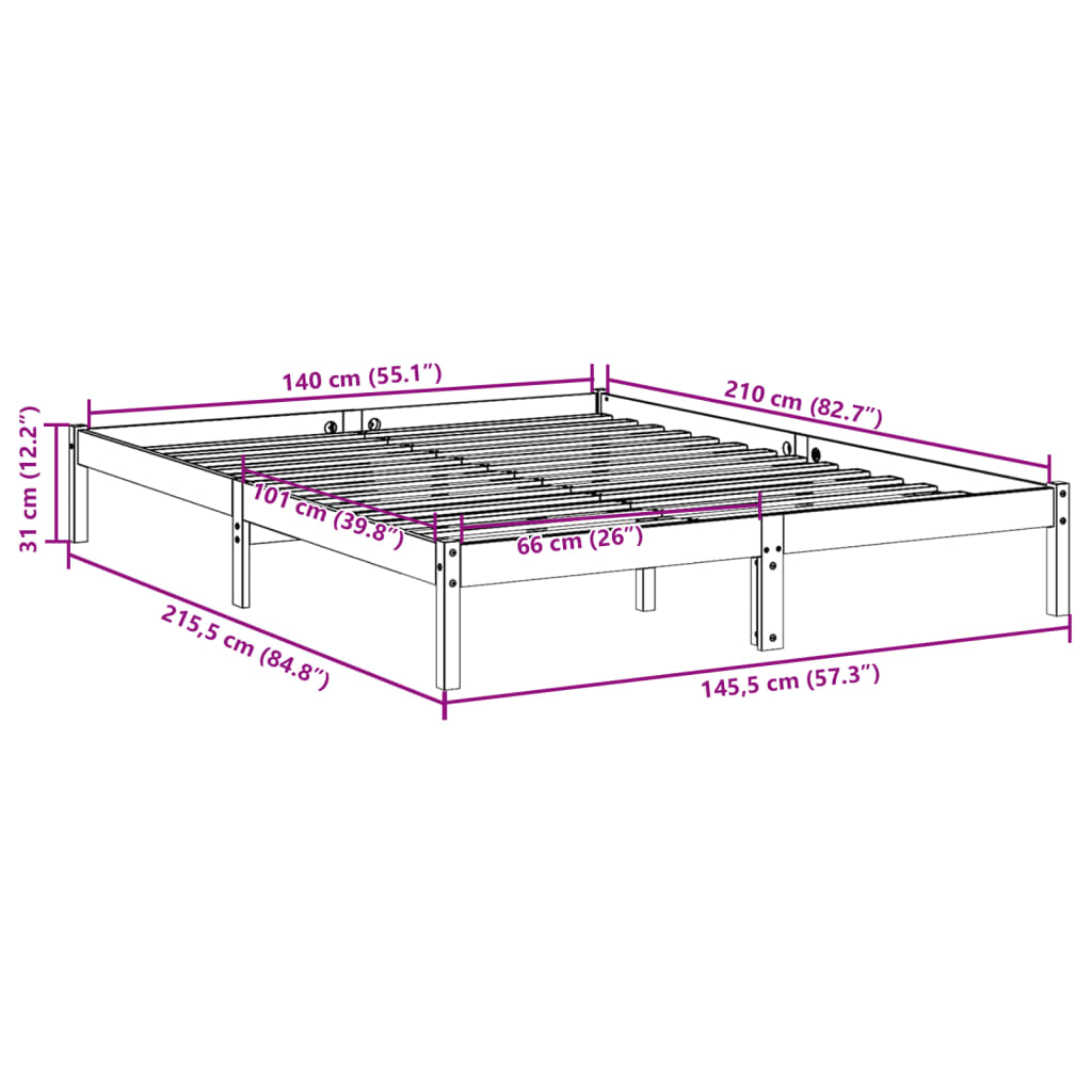 Bedframe extra lang zonder matras massief grenenhout 140x210 cm