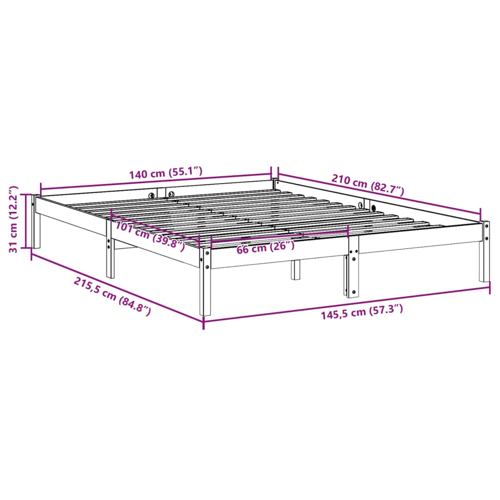 Bedframe extra lang zonder matras grenenhout wit 140x210 cm