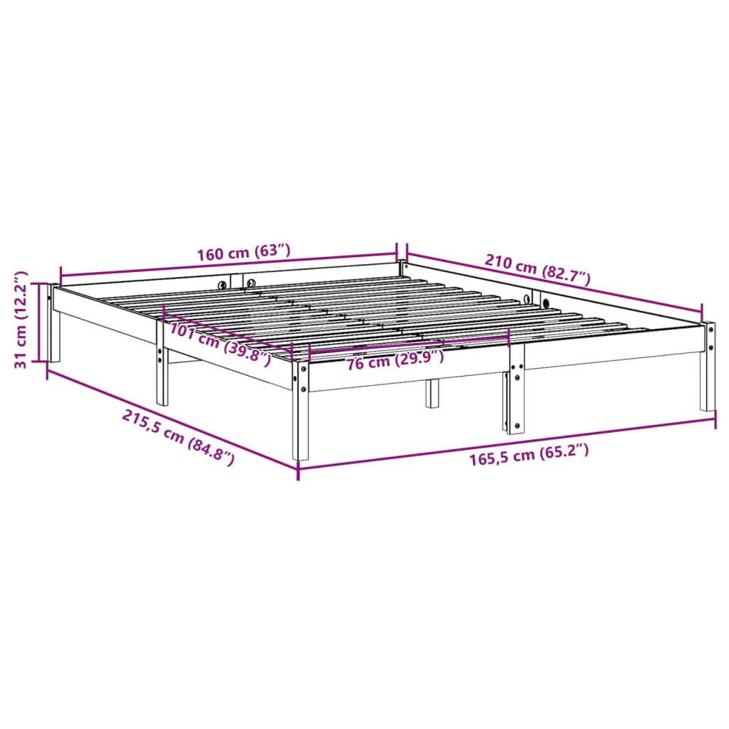 Bedframe extra lang zonder matras massief grenenhout 160x210 cm