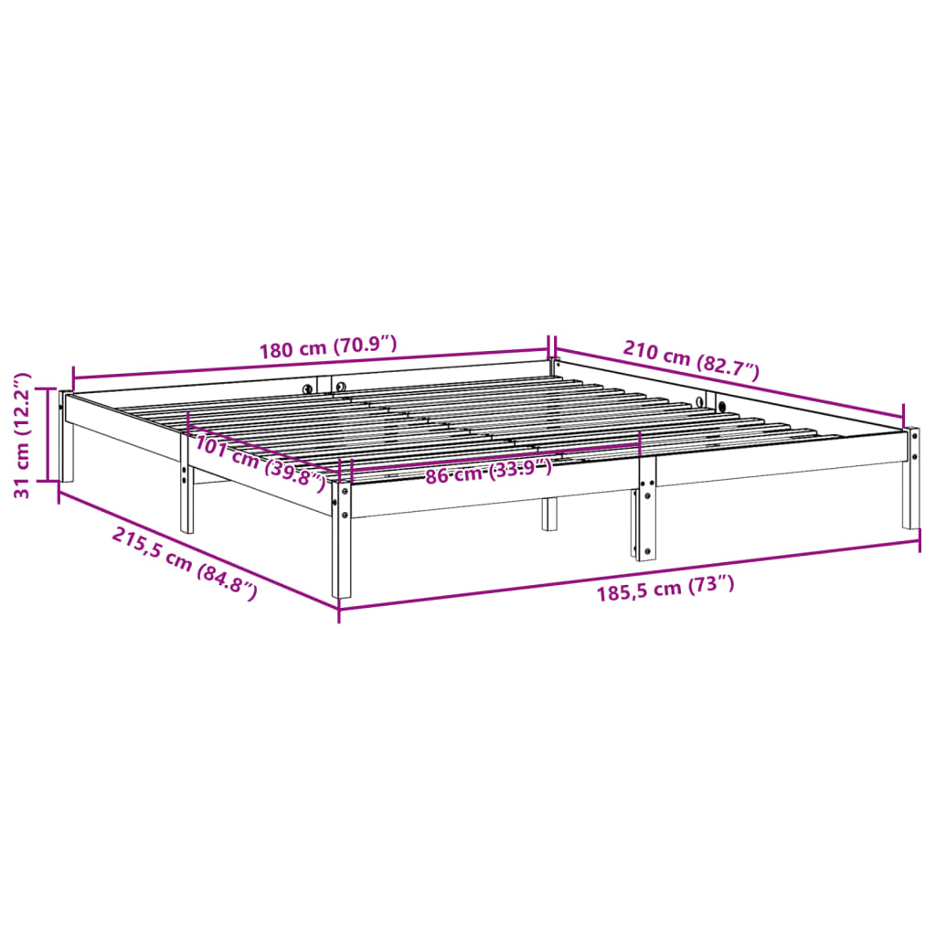 Bedframe extra lang zonder matras massief grenenhout 180x210 cm