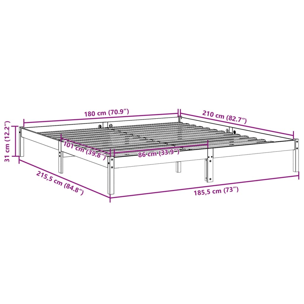 Bedframe extra lang zonder matras grenenhout wit 180x210 cm