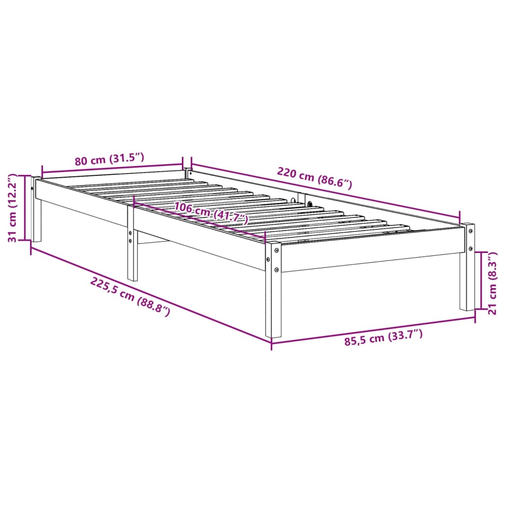 Bedframe extra lang zonder matras grenenhout wit 80x220 cm