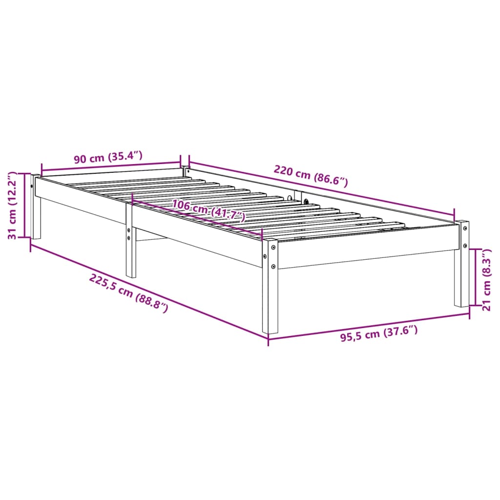 Bedframe extra lang zonder matras massief grenenhout 90x210 cm