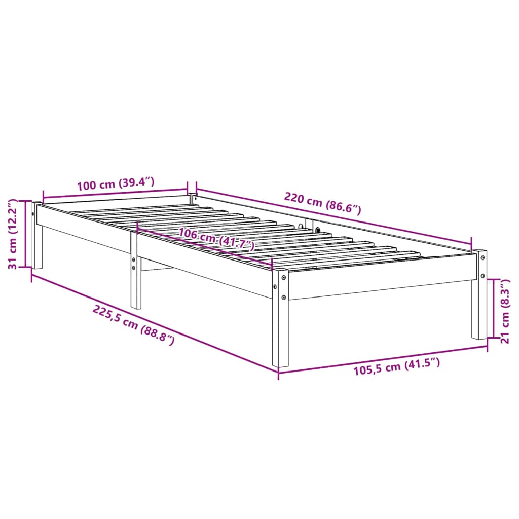 Bedframe extra lang zonder matras massief grenenhout 100x220 cm