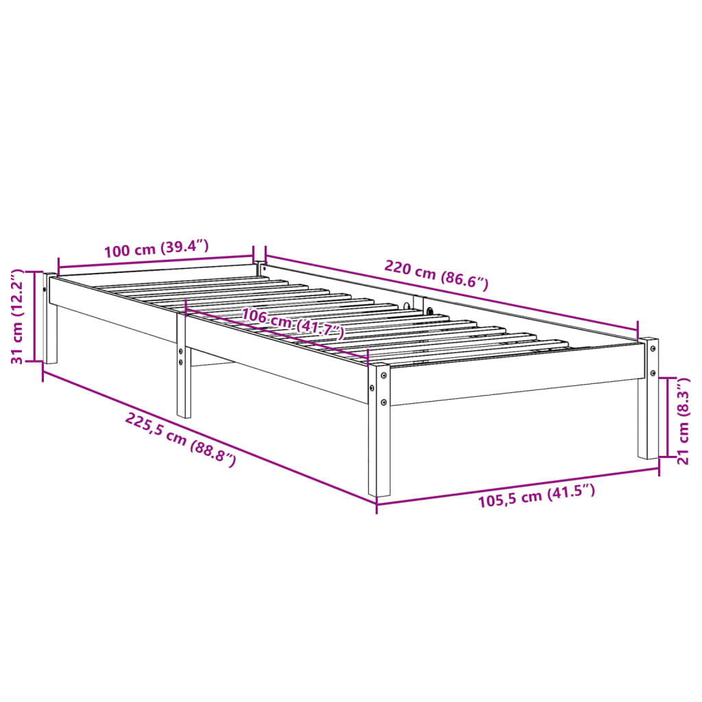 Bedframe extra lang zonder matras grenenhout wit 100x220 cm