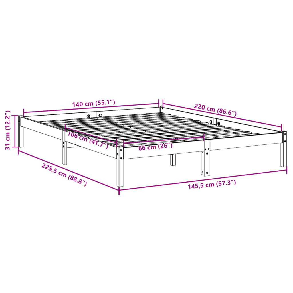 Bedframe extra lang zonder matras massief grenenhout 140x220 cm