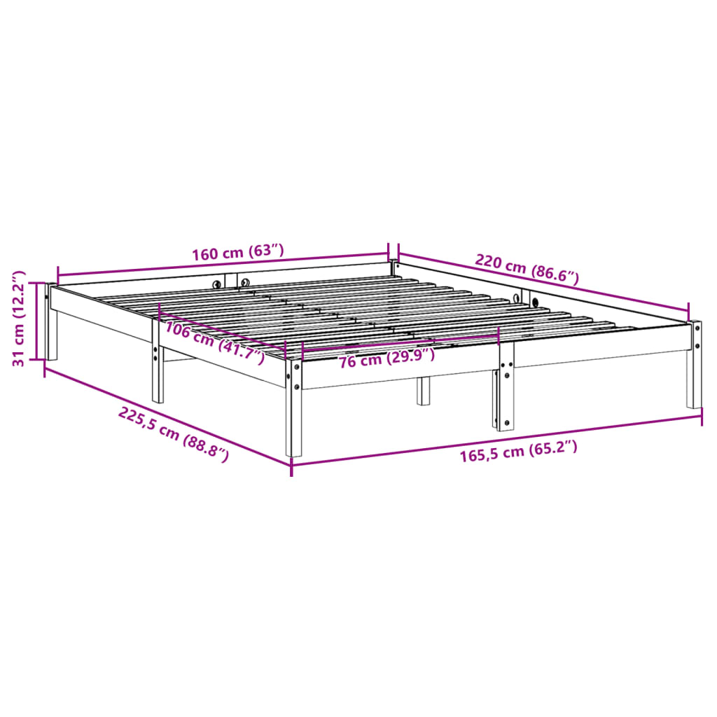 Bedframe extra lang zonder matras massief grenenhout 160x220 cm