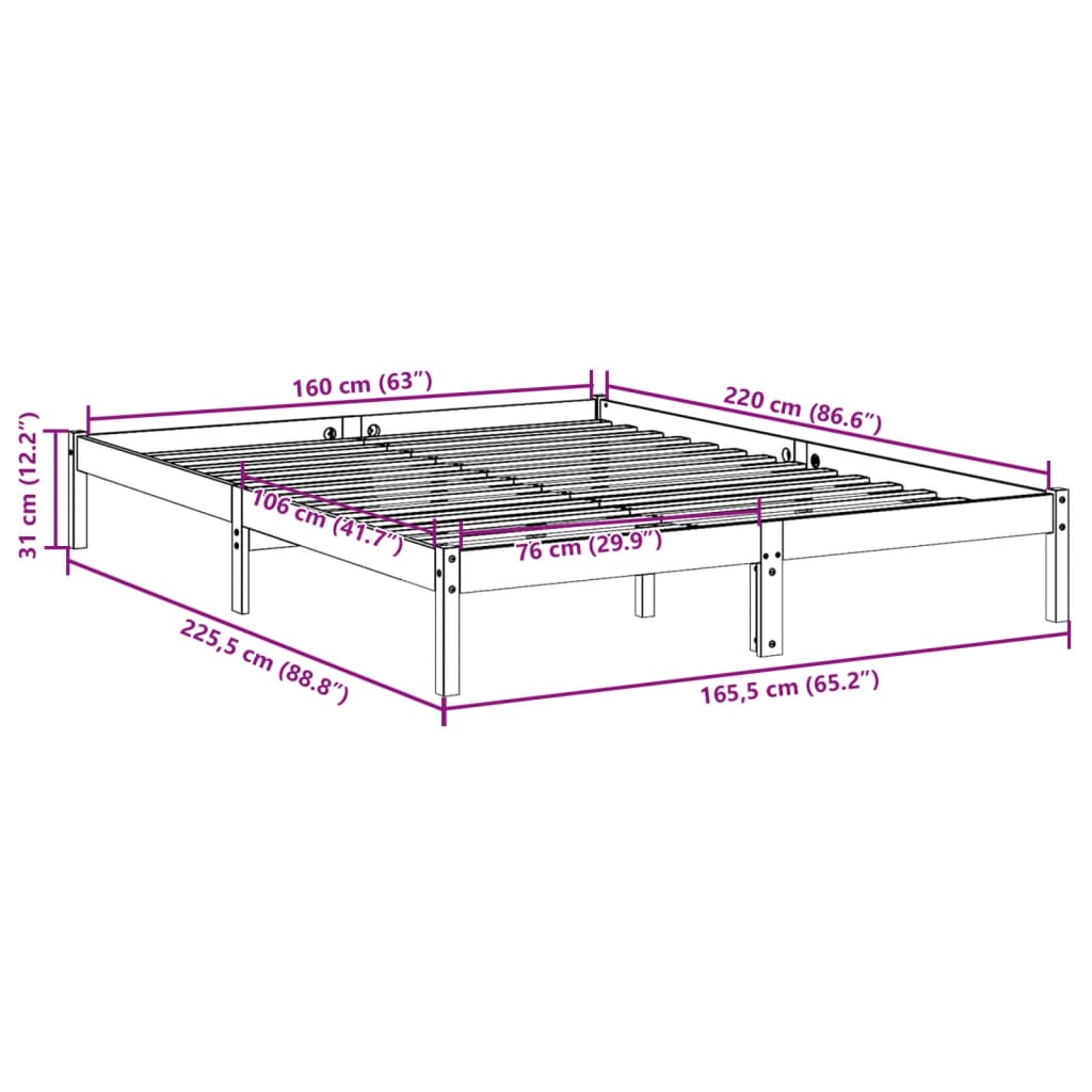 Bedframe extra lang zonder matras grenenhout wit 160x220 cm