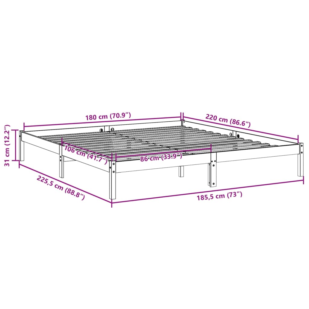 Bedframe extra lang zonder matras massief grenenhout 180x220 cm